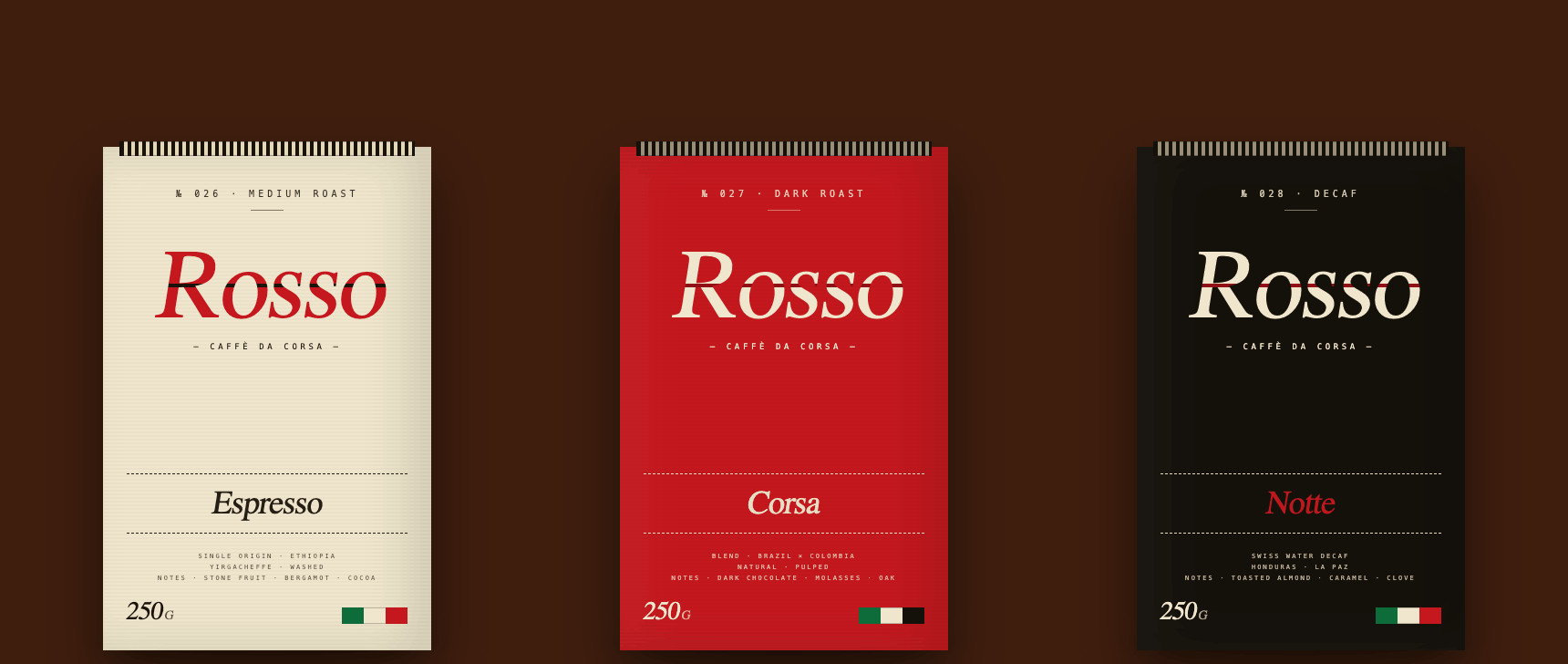 Rosso Coffee 250g pouches — Espresso medium roast, Corsa dark roast and Notte decaf